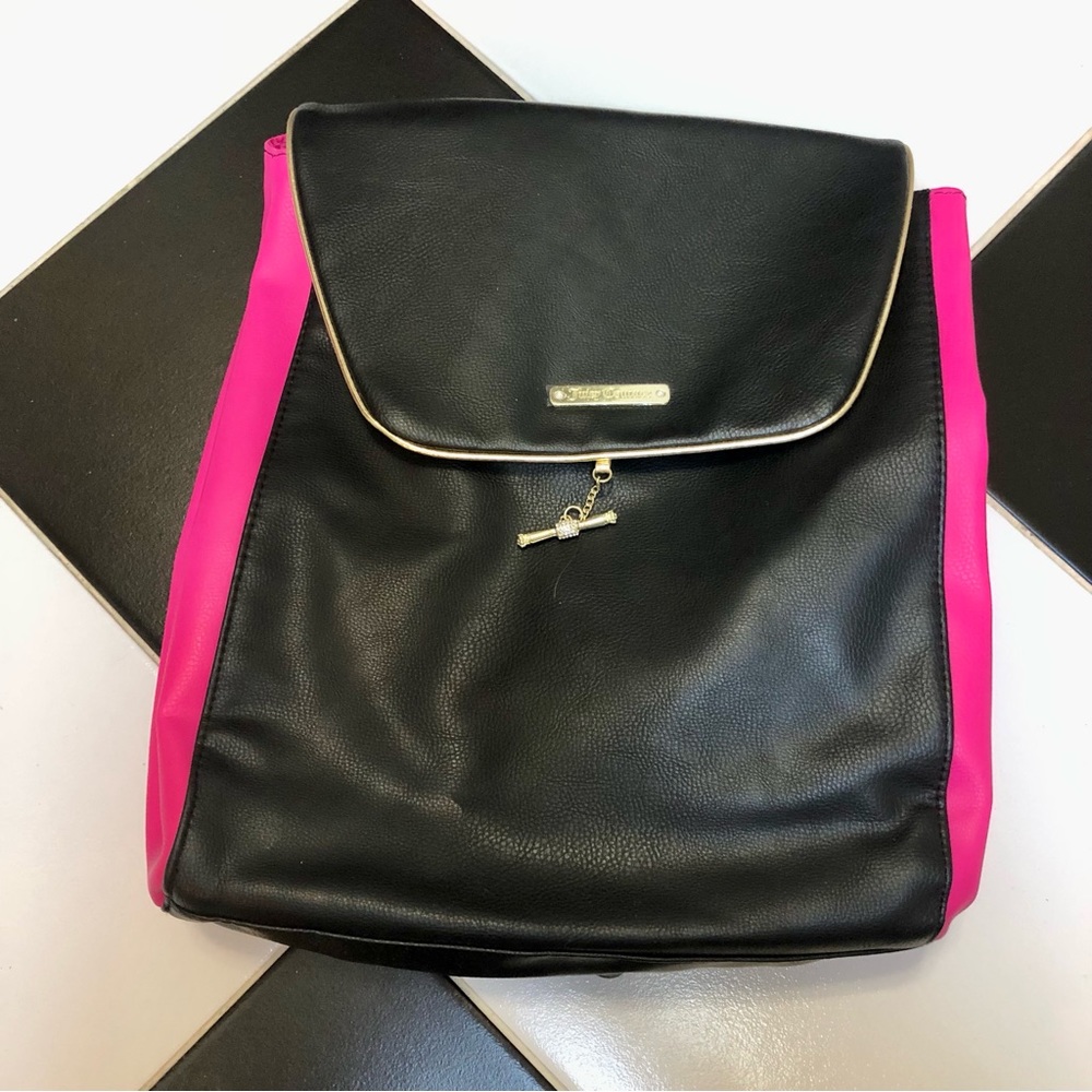 NWOT Juicy Couture Faux Leather Backpack Hot Pink Black Expands Travel Festival